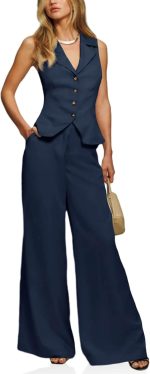 Women Vest Sets Summer 2 Piece Outfits Button Crop Blazer Vest and Wide Leg Pant Suits
