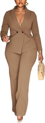 Women Double Breasted Blazer Pants Suit 2 Piece Outfits Casual Long Sleeve Blazer Set for Work Business