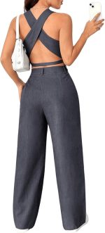 Women 2 Piece Solid Sleeveless V Neck Cross Back Button Down Blazer and Pants Business Office Suit Set - Image 2