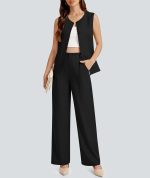 Women 2 Piece Blazer Outfits Sleeveless Crewneck Vest Wide Leg Pantsuit 2026 Dressy Casual Work Sets - Image 2