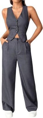 Women 2 Piece Solid Sleeveless V Neck Cross Back Button Down Blazer and Pants Business Office Suit Set