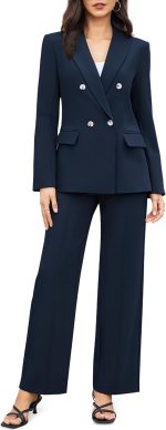 Women's 2 Piece Business Casual Outfits Double Breasted Blazer Dressy Wide Leg Work Pants Suits Set