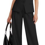 Women 2 Piece Blazer Outfits Sleeveless Crewneck Vest Wide Leg Pantsuit 2026 Dressy Casual Work Sets