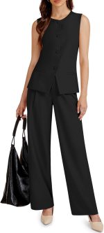Women 2 Piece Blazer Outfits Sleeveless Crewneck Vest Wide Leg Pantsuit 2026 Dressy Casual Work Sets