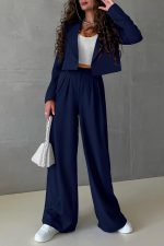 Women 2 Piece Casual Outfits Cropped Blazer Jackets High Waisted Wide Leg Work Pants Suit Set - Image 2