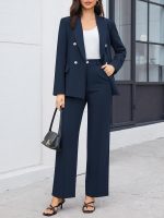 Women's 2 Piece Business Casual Outfits Double Breasted Blazer Dressy Wide Leg Work Pants Suits Set - Image 2